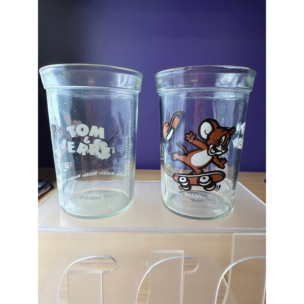 Welch's Tom & Jerry Glasses Lot 2 Vintage 1990 Cartoon Jelly Jar